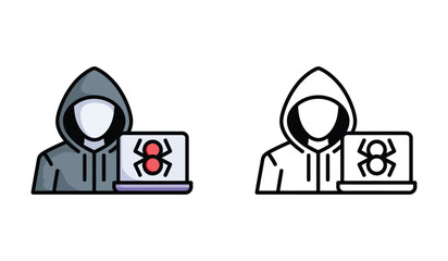 Obraz premium Cybersecurity Threat Illustration with Hacker Character and Virus on Laptop Screen, Modern Design