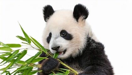 Naklejka premium cute panda cub eating a bamboo leaves isolated on transparent background generative ai