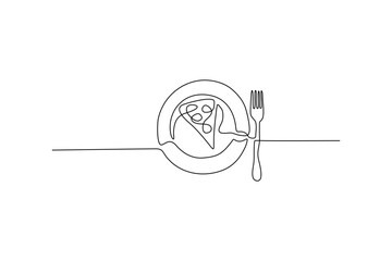 Minimalist line art of a pizza slice on a plate, and a fork Simple monochrome design