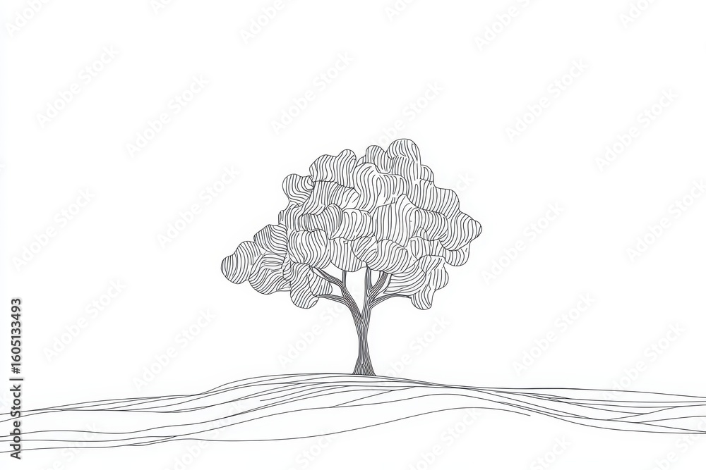 Poster creative single line drawing of a tree with flowing lines and ample white space for artistic express