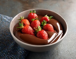 delicious bowl of fresh strawberries dipped in melted chocolate