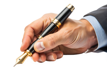 A mans hand in a suit holding a black and gold fountain pen, isolated on a transparent background
