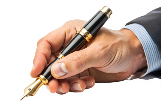 A mans hand in a suit holding a black and gold fountain pen, isolated on a transparent background