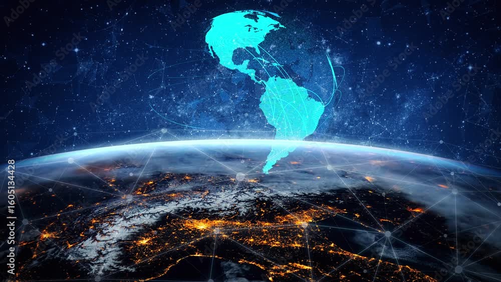 Poster global network connection visualization showing data exchange, digital link, worldwide communication