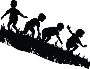 children rolling down grassy hill silhouette,kids tumbling on green hill silhouette