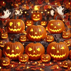 Fototapeta premium Many illuminated jack-o'-lanterns in a festive halloween scene.