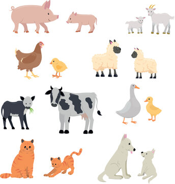 Big farm animals set. Cute mother and baby icons. Vector ilustration in cartoon childish flat style isolated on white background.
