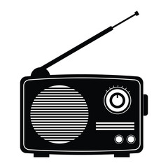 Fototapeta premium Retro radio silhouette vector icon. Black and white illustration of a vintage portable receiver with an antenna, isolated on a white background. Symbol for music, news, and broadcasting.
