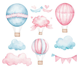 Obraz premium Watercolor Pink and Blue Hot Air Balloons with Clouds and Bunting