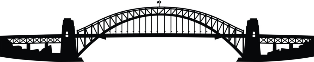 High-Definition Solid Black Silhouette of Sydney Harbour Bridge close upblack and white with white background