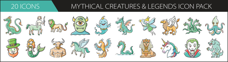 Mythical Creatures and Legends Doodle Icon Set - Whimsical hand-drawn icon pack featuring fantasy beasts, magical beings, and legendary monsters—great for games, folklore, and mythical storytelling.
