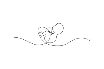Simple continuous line art depicting an embryo, baby in the womb, on white backdrop
