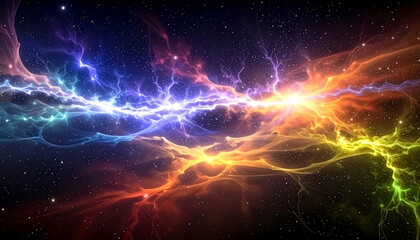 An intense and stunning celestial storm unfolds in deep space, colorful lightning bolts streak across a swirling mass of multicolored clouds. Perfect for themes of fantasy, energy, science fiction