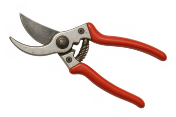 Gardening secateurs with red handles isolated on transparent background, ideal for cutting branches and flowers