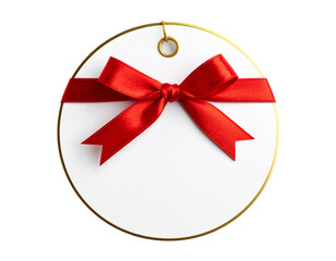 White Circular Gift Tag with Golden Edge and Red Bow Ribbon, Isolated on Transparent Background