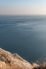 Observation deck on a cliff overlooking the sea, people on the platform, brown dry grass, white cliff, blue water, vertical image