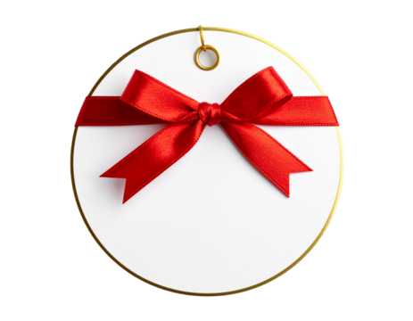 White Circular Gift Tag with Golden Edge and Red Bow Ribbon, Isolated on Transparent Background