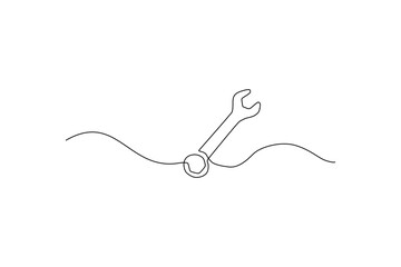 Simple one-line drawing of a wrench on white background, minimalist style Tool graphic