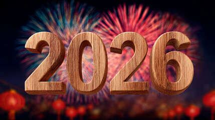 wooden numbers 2026 with fireworks for the holiday