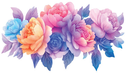 Pastel Multicolor Peony Blooms with Purple Blue Leaves