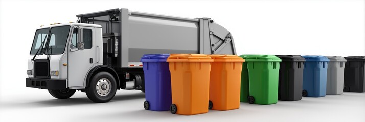 Garbage truck with colorful recycling bins for waste management