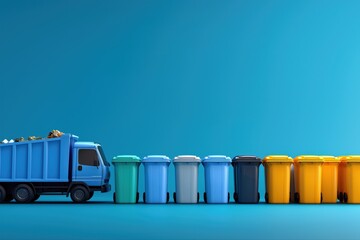 Colorful garbage bins and truck on blue background: waste management concept
