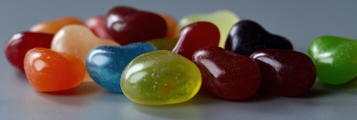 Colorful assorted jelly beans on gray surface