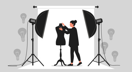 Fashion Designer Styling Mannequin On Set With Studio Lighting And Backdrop