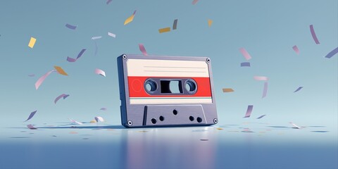 Vintage cassette tape with colorful confetti on blue background