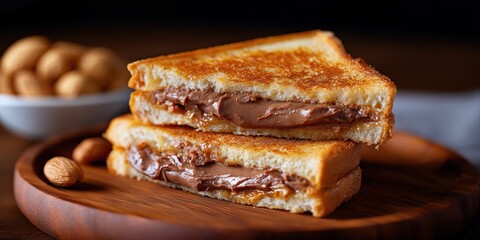 Delicious grilled chocolate and nut butter sandwich on wooden plate