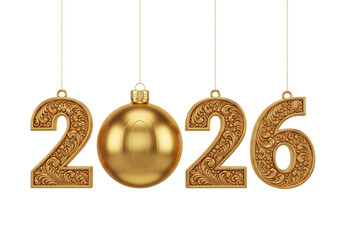 Golden 2026 New Year text with ornate Christmas ornaments. Isolated on transparent background, png
