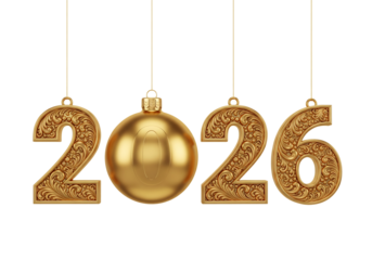 Golden 2026 New Year text with ornate Christmas ornaments. Isolated on transparent background, png