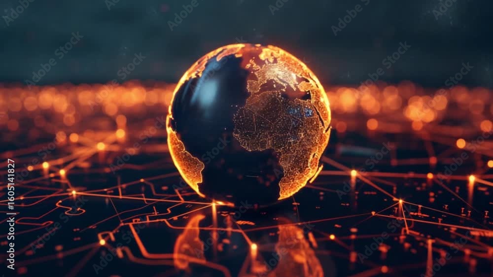 Poster global network. abstract sphere earth on illuminated circuit board