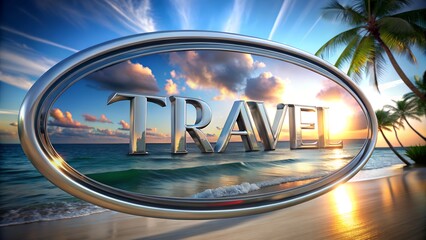 Tropical paradise background with ocean palm trees and TRAVEL text in modern font ideal for advertising travel services tourism campaigns or vacation agency digital promotional materials