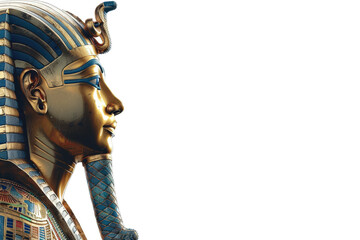 Closeup statue of Egyptian pharaoh with crown on transparent background