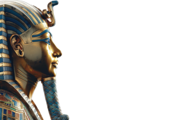 Closeup statue of Egyptian pharaoh with crown on transparent background