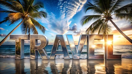 Digital illustration of beach palm trees and word TRAVEL intended for use in travel agency promotions tourism advertisements or branding visuals for summer holiday and exotic destination marketing