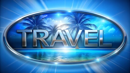 Futuristic island view with ocean palm trees and TRAVEL text useful for creating promotional designs for tourism companies travel agencies or summer getaway ad materials and branding visuals