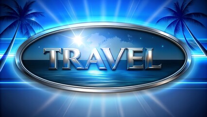 High-resolution tropical background with palm trees ocean and bold word TRAVEL suitable for digital travel ads tourism marketing campaigns or template design for vacation promotion visuals