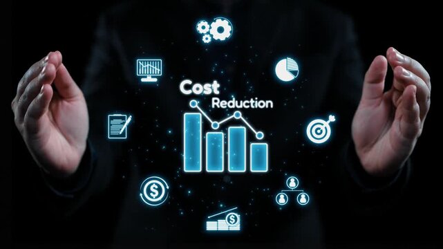 A captivating visual of hands presenting a cost reduction concept featuring a graph, data icons, and business strategy elements aimed at encouraging financial growth and efficiency. Qubit