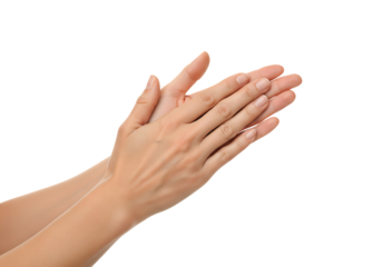 Woman's hands clapping in applause or rubbing gesture. Isolated on transparent background, png
