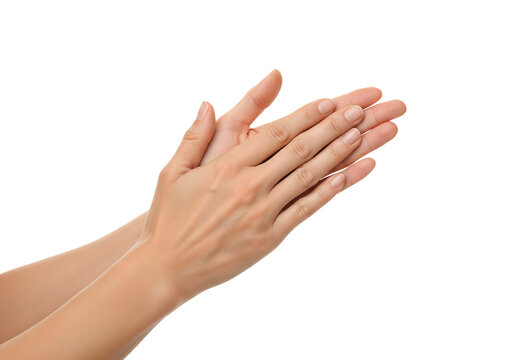 Woman's hands clapping in applause or rubbing gesture. Isolated on transparent background, png