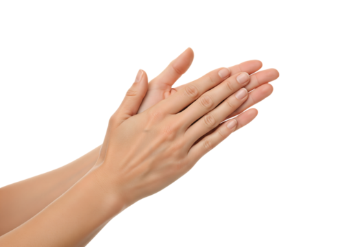 Woman's hands clapping in applause or rubbing gesture. Isolated on transparent background, png
