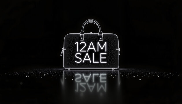 Glowing bag with 12AM sale text in luminous particle grid style  