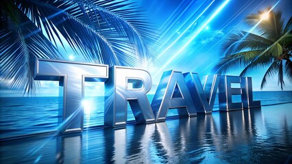 Scenic ocean panorama with palm trees and bold futuristic TRAVEL lettering useful for travel company advertising flyer social media post or digital tourism promotion materials related to exotic