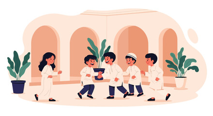 Joyful Eid Celebrations Children Gather with Festive Cheerfulness and Traditional Clothes