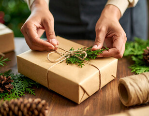 Hands Wrapping Gift with Natural Decor