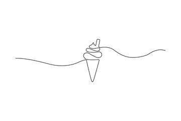 Single-line drawing of an ice cream cone with a wavy line Simple illustration