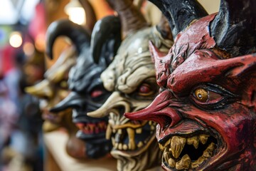 Obraz premium Halloween Masks on Display in a Store. Scary Halloween Mask Selection. Halloween Masks. Halloween theme. Halloween party Concept. Halloween Concept with Copy Space.