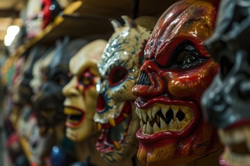 Obraz premium Halloween Masks on Display in a Store. Scary Halloween Mask Selection. Halloween Masks. Halloween theme. Halloween party Concept. Halloween Concept with Copy Space.